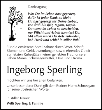 Traueranzeige von Ingeborg Sperling von Mitteldeutsche Zeitung Halle/Saalkreis