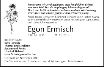 Traueranzeige von Egon Ermisch von Mitteldeutsche Zeitung Mansfelder Land