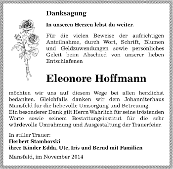 Traueranzeige von Eleonore Hoffmann von Mitteldeutsche Zeitung Mansfelder Land