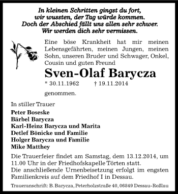 Traueranzeige von Sven-Olaf Barycza von Mitteldeutsche Zeitung Dessau-Roßlau