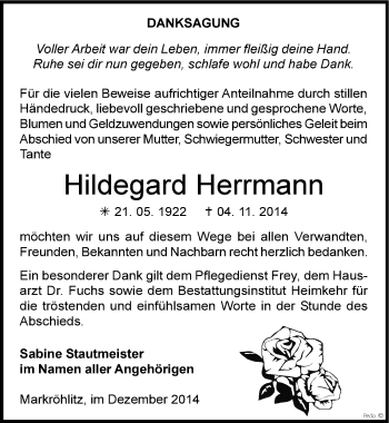Traueranzeige von Hildegard Herrmann von Mitteldeutsche Zeitung Weißenfels