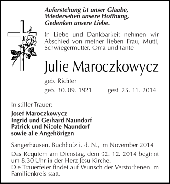 Traueranzeige von Julie Maroczkowycz von Mitteldeutsche Zeitung Sangerhausen
