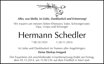 Traueranzeige von Hermann Schedler von Mitteldeutsche Zeitung Halle/Saalkreis