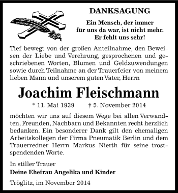 Traueranzeige von Joachim Fleischmann von Mitteldeutsche Zeitung Zeitz