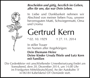 Traueranzeige von Gertrud Kern von Mitteldeutsche Zeitung Halle/Saalkreis