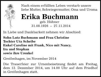 Traueranzeige von Erika Buchmann von Mitteldeutsche Zeitung Mansfelder Land