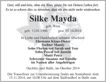 Traueranzeige von Silke Mayda von WVG - Wochenspiegel Merseburg