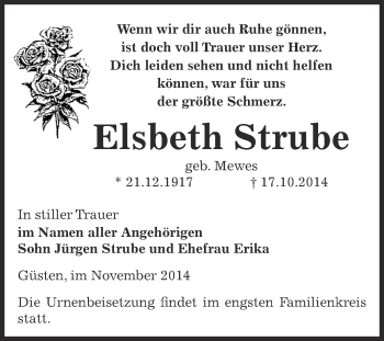 Traueranzeige von Elsbeth Strube von Super Sonntag Bernburg