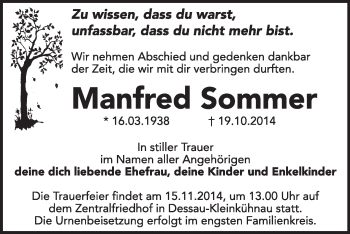 Traueranzeige von Manfred Sommer von Super Sonntag Dessau / Köthen