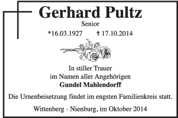 Traueranzeige von Gerhard Pultz von WVG - Wochenspiegel Wittenberg