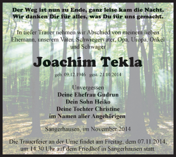 Traueranzeige von Joachim Tekla von Super Sonntag SGH Mansf. Land