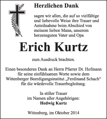 Traueranzeige von Erich Kurtz von WVG - Wochenspiegel Wittenberg