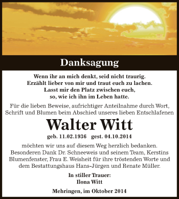 Traueranzeige von Walter Witt von Super Sonntag Aschersleben