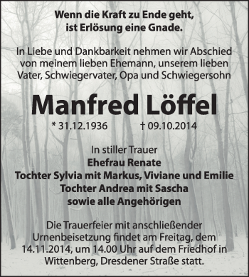 Traueranzeige von Manfred Löffel von WVG - Wochenspiegel Wittenberg