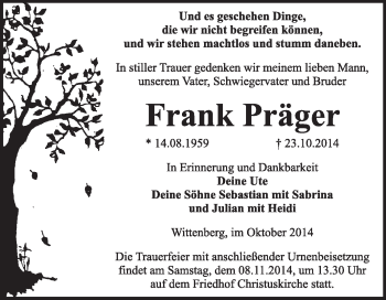 Traueranzeige von Frank Präger von Super Sonntag Wittenberg