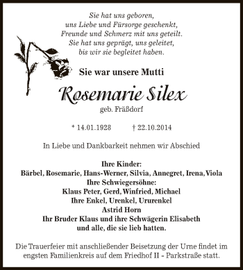 Traueranzeige von Rosemarie Silex von Super Sonntag Bernburg