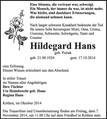 Traueranzeige von Hildegard Hans von Super Sonntag Dessau / Köthen