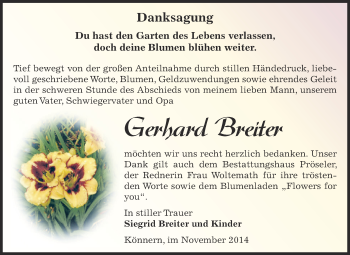 Traueranzeige von Gerhard Breiter von Super Sonntag Bernburg