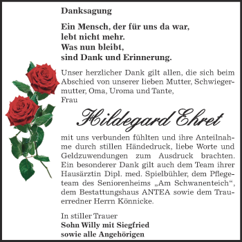 Traueranzeige von Hildegard Ehret von Super Sonntag Zeitz