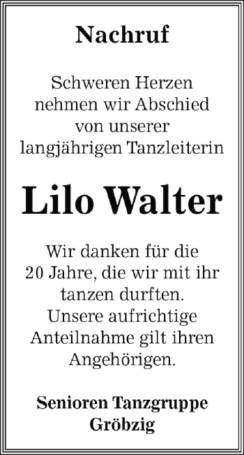 Traueranzeige von Lilo Walter von WVG - Wochenspiegel Dessau / Köthen