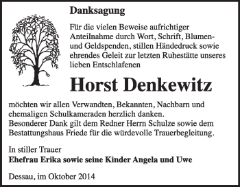 Traueranzeige von Horst  Denkewitz von Super Sonntag Dessau / Köthen