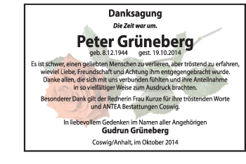 Traueranzeige von Peter Grüneberg von Super Sonntag Wittenberg