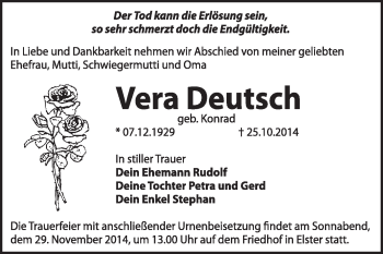 Traueranzeige von Vera Deutsch von WVG - Wochenspiegel Wittenberg