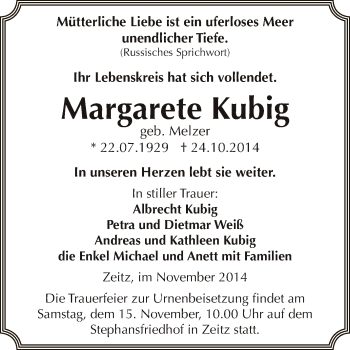 Traueranzeige von Margarete Kubig von Super Sonntag Zeitz