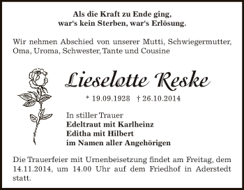 Traueranzeige von Lieselotte Reske von Super Sonntag Bernburg