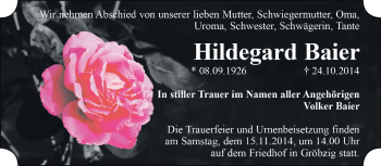 Traueranzeige von Hildegard Baier von WVG - Wochenspiegel Dessau / Köthen