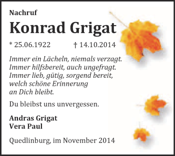 Traueranzeige von Konrad Grigat von Super Sonntag Quedlinburg