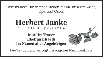 Traueranzeige von Herbert Janke von Super Sonntag Bernburg