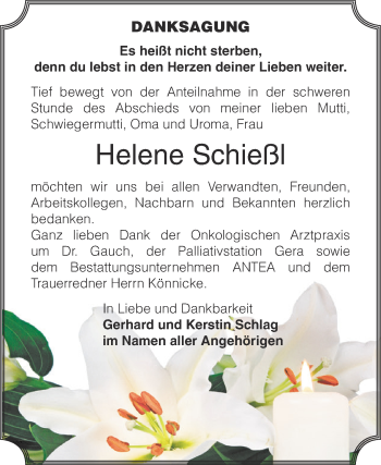 Traueranzeige von Helene Schießl von Super Sonntag Zeitz