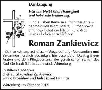 Traueranzeige von Roman Zankiewicz von WVG - Wochenspiegel Wittenberg