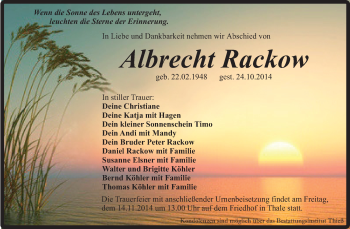 Traueranzeige von Albrecht Rackow von Super Sonntag Quedlinburg