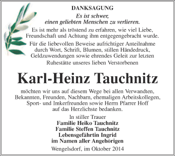 Traueranzeige von Karl-Heinz Tauchnitz von WVG - Wochenspiegel NMB / WSF / ZTZ