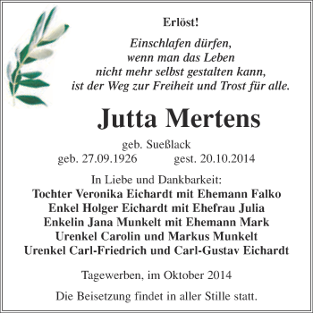 Traueranzeige von Jutta Mertens von WVG - Wochenspiegel NMB / WSF / ZTZ