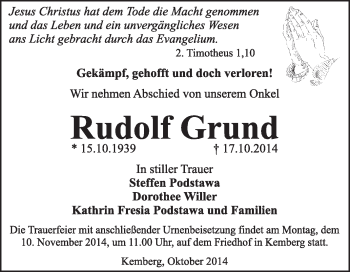 Traueranzeige von Rudolf Grund von Super Sonntag Wittenberg
