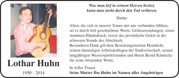 Traueranzeige von Lothar Huhn von WVG - Wochenspiegel NMB / WSF / ZTZ