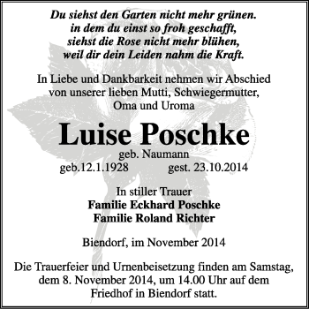 Traueranzeige von Luise Poschke von Super Sonntag Dessau / Köthen