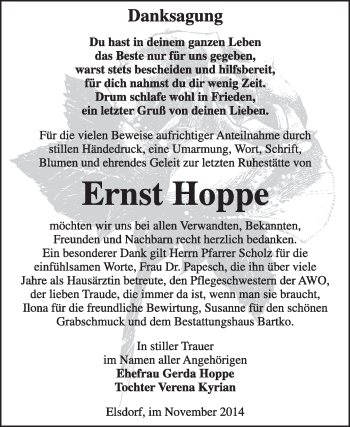 Traueranzeige von Ernst Hoppe von Super Sonntag Dessau / Köthen
