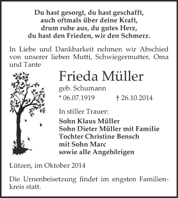 Traueranzeige von Frieda Müller von Super Sonntag Merseburg