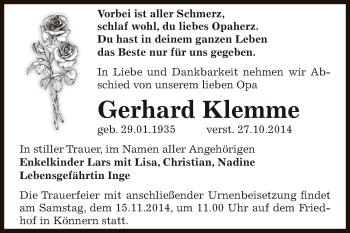 Traueranzeige von Gerhard Klemme von Super Sonntag Bernburg