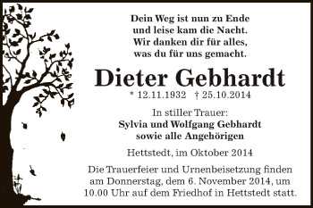 Traueranzeige von Dieter Gebhardt von Super Sonntag SGH Mansf. Land