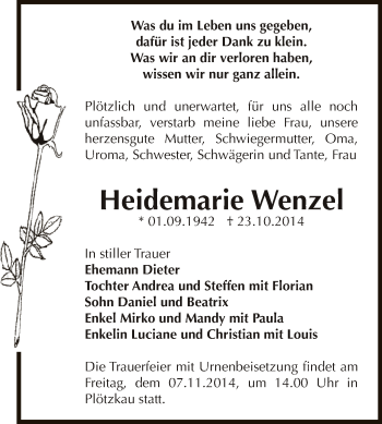Traueranzeige von Heidemarie Wenzel von Super Sonntag Bernburg