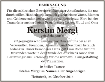 Traueranzeige von Kerstin Mergl von Wochenspiegel Mansfelder Land