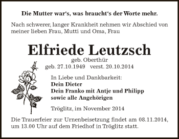 Traueranzeige von Elfriede Leutzsch von Super Sonntag Zeitz