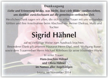 Traueranzeige von Sigrid Hähnel von Super Sonntag Merseburg