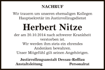 Traueranzeige von Herbert Nitze von WVG - Wochenspiegel Dessau / Köthen