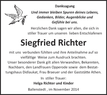 Traueranzeige von Siegfried Richter von WVG - Wochenspiegel Quedlinburg